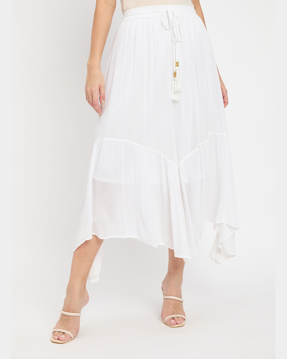 Asymmetrical White Rayon Gauze And Poly Knit Skirt For Women