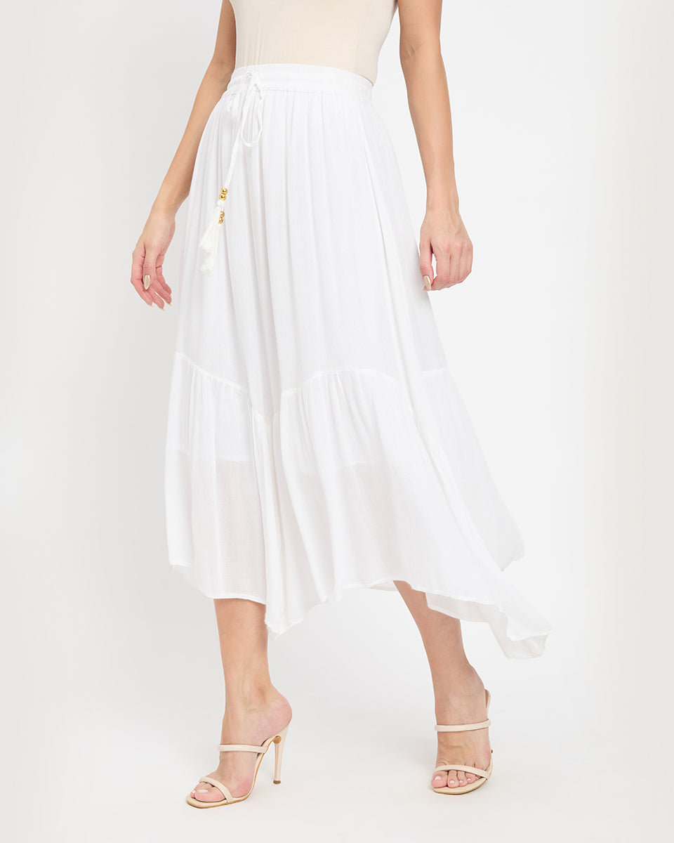 Asymmetrical White Rayon Gauze And Poly Knit Skirt For Women