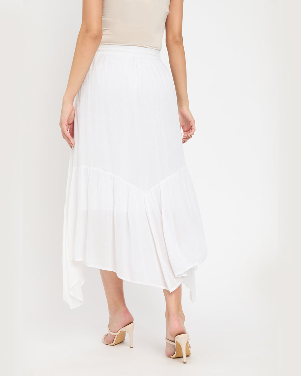 Asymmetrical White Rayon Gauze And Poly Knit Skirt For Women