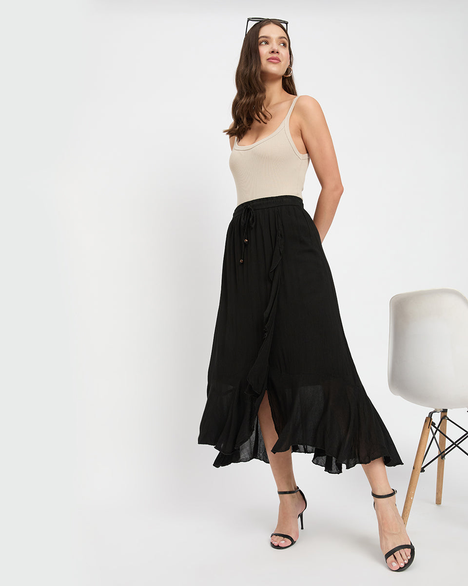 Solid Black Rayon And Ploy Knit Asymmetrical Long Skirt For Women