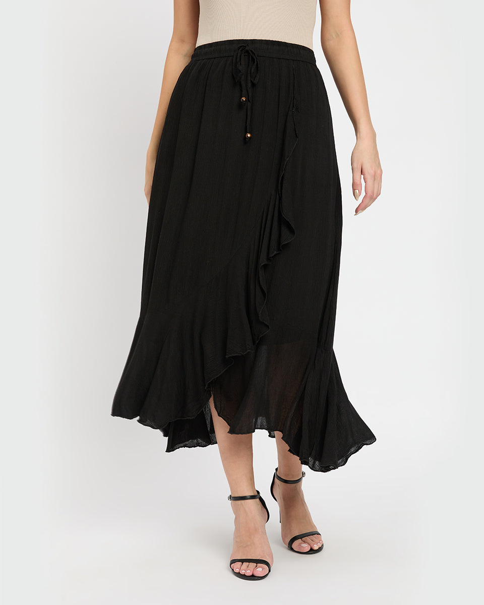 Solid Black Rayon And Ploy Knit Asymmetrical Long Skirt For Women