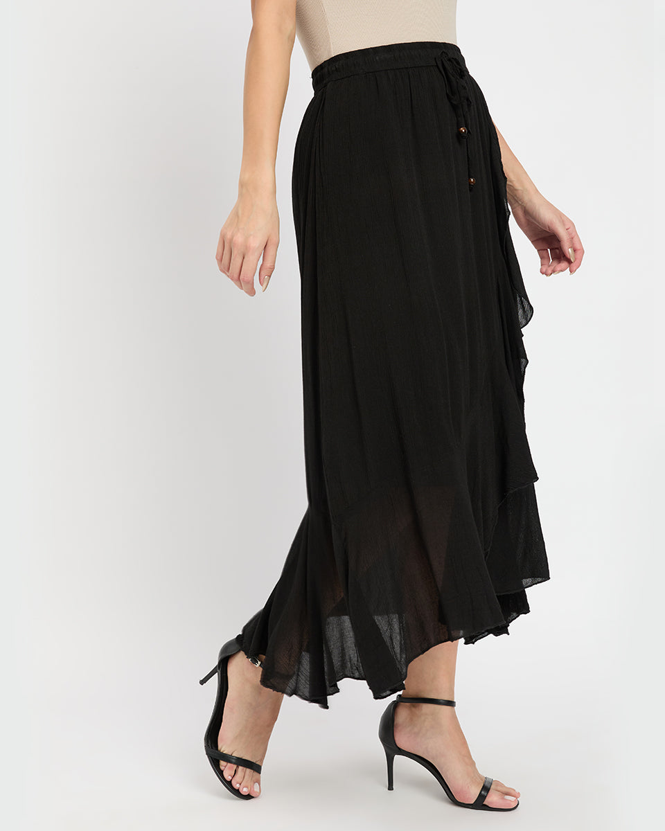 Solid Black Rayon And Ploy Knit Asymmetrical Long Skirt For Women