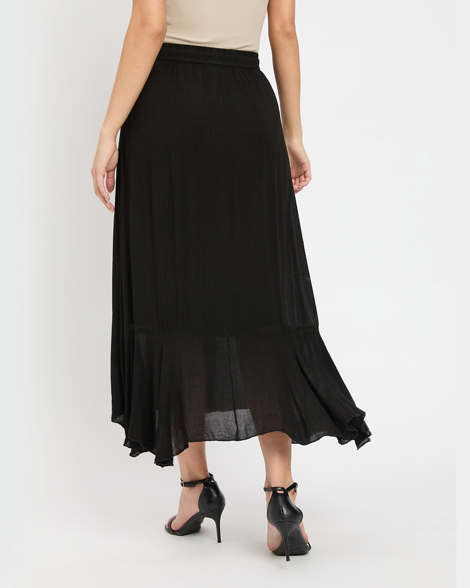 Solid Black Rayon And Ploy Knit Asymmetrical Long Skirt For Women