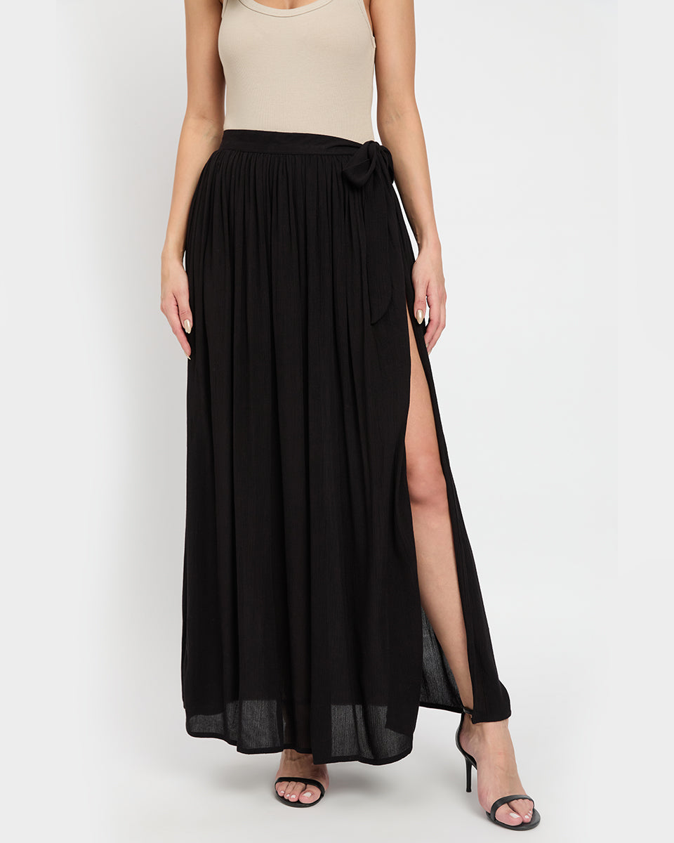 Black Side Slip Rayon Crepe Dazzling Skirt For Women