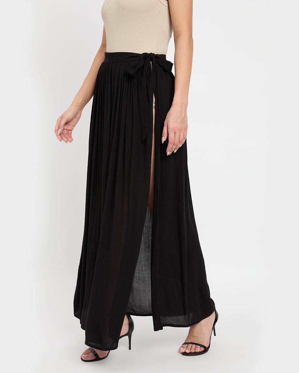 Black Side Slip Rayon Crepe Dazzling Skirt For Women