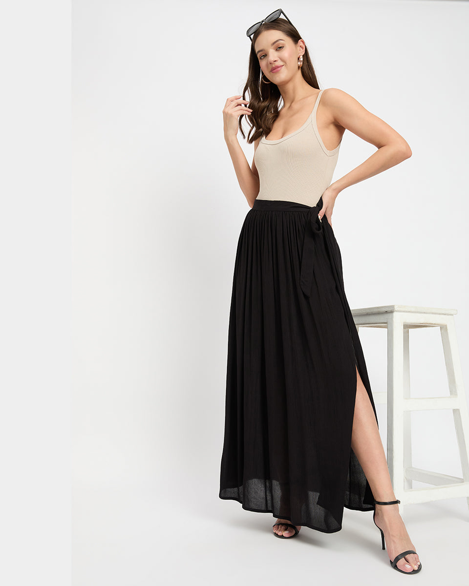 Black Side Slip Rayon Crepe Dazzling Skirt For Women