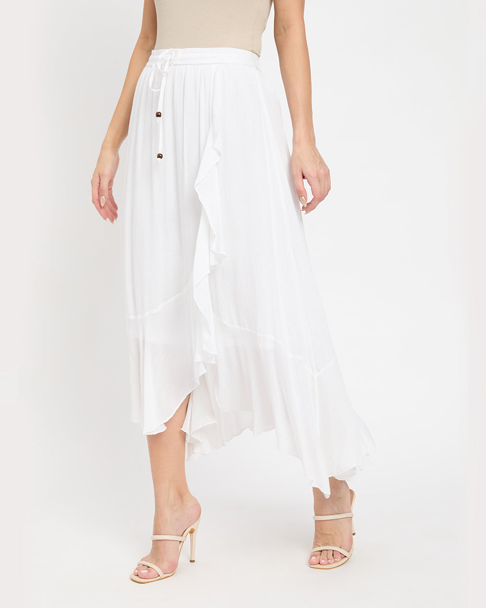 Rayon And Poly Knit White Asymmetrical Long Skirt For Women