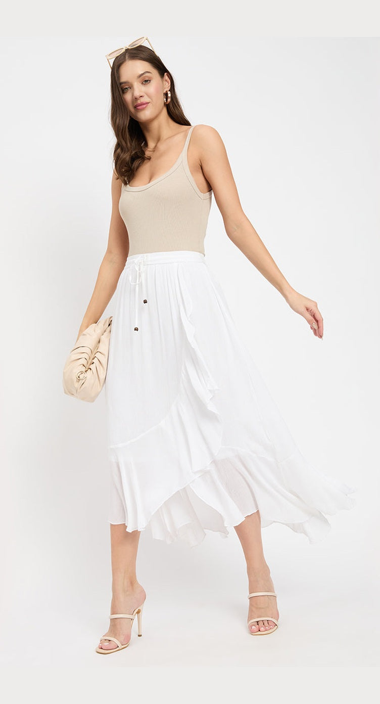 Rayon And Poly Knit White Asymmetrical Flared Long Skirt For Women - S M L XL - SKU SKTD-004 S - Gypsie Blu