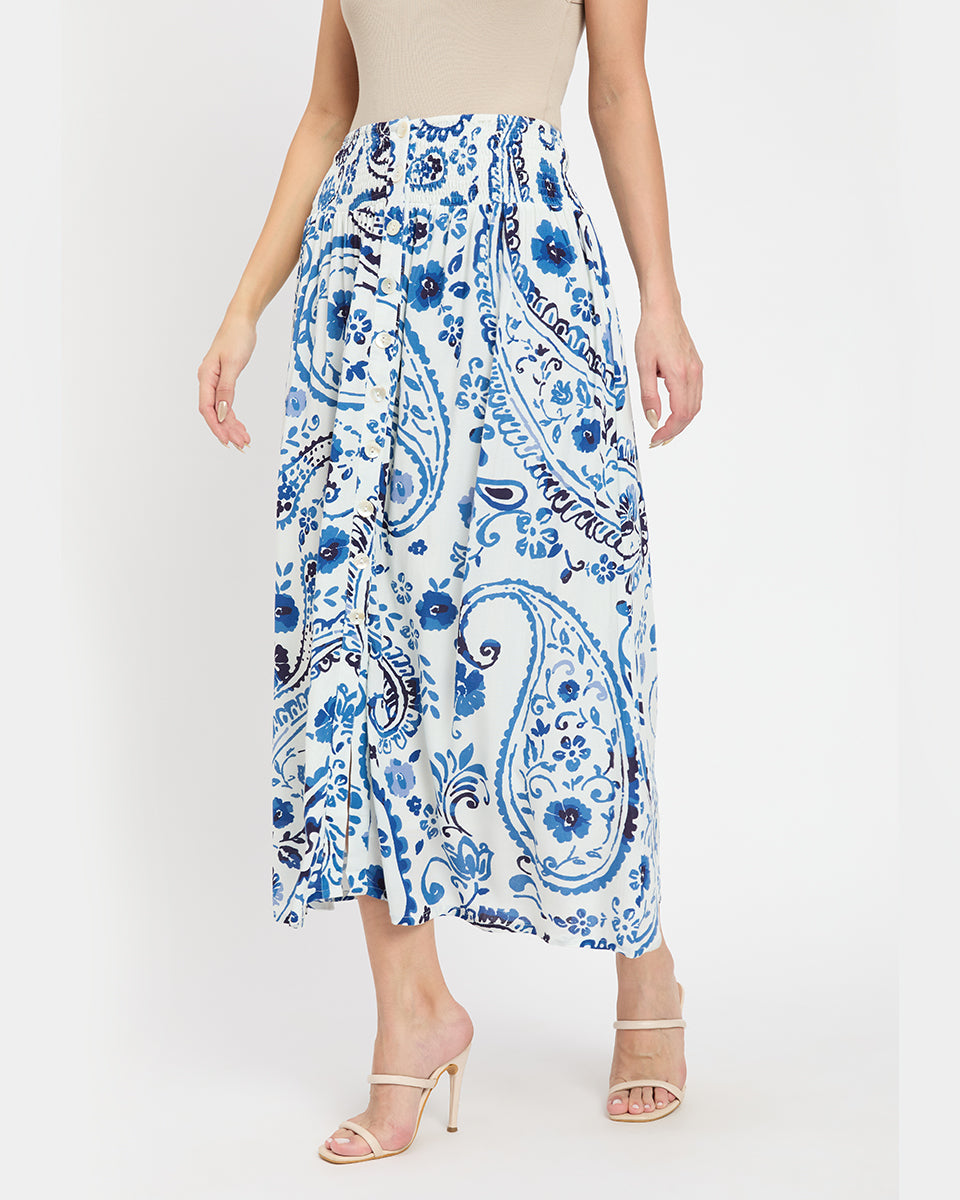 White & Blue Damask Paisley Print Rayon Long Skirt For Women