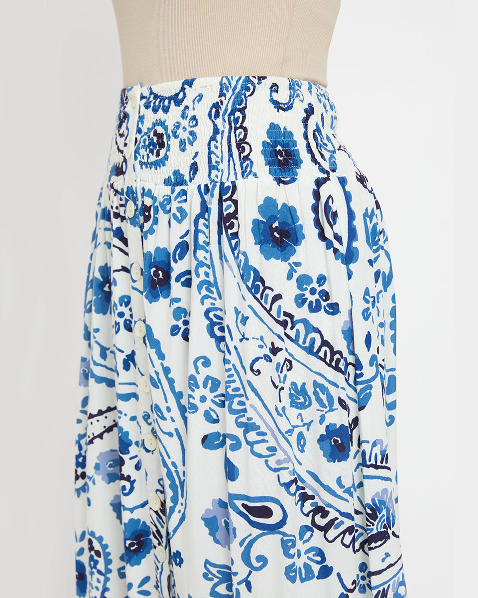 Side Split Blue And White Paisley Print Skirt For Women