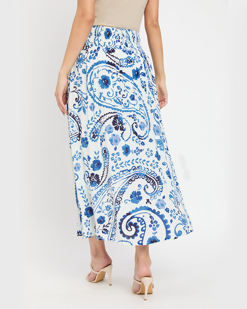 Side Split Blue And White Paisley Print Skirt For Women