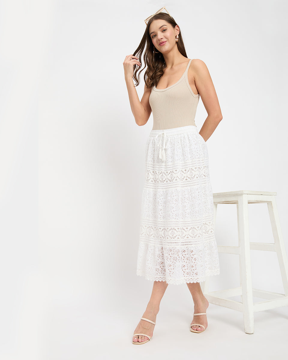 White Color Lace Midi Skirt For Women