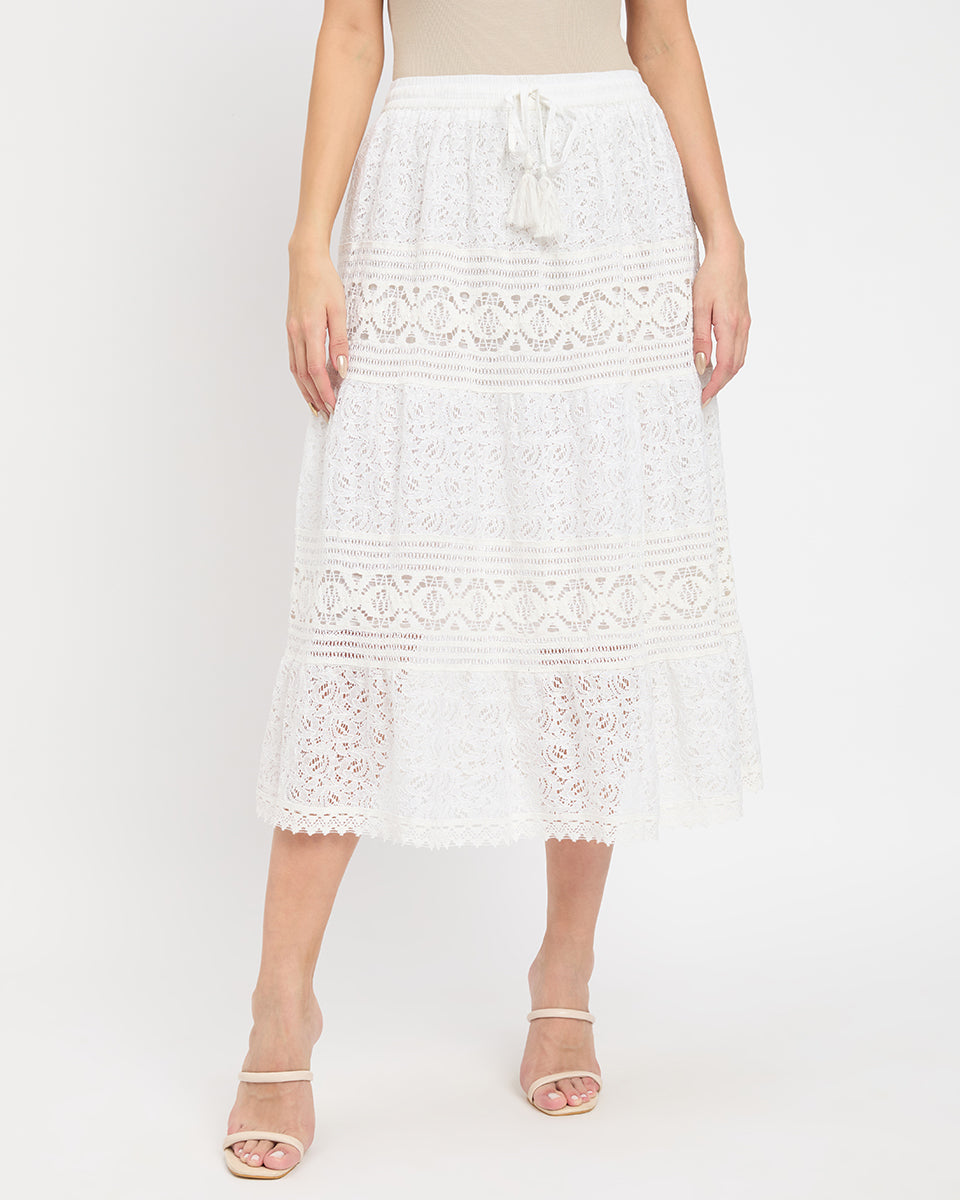 White Color Lace Midi Skirt For Women