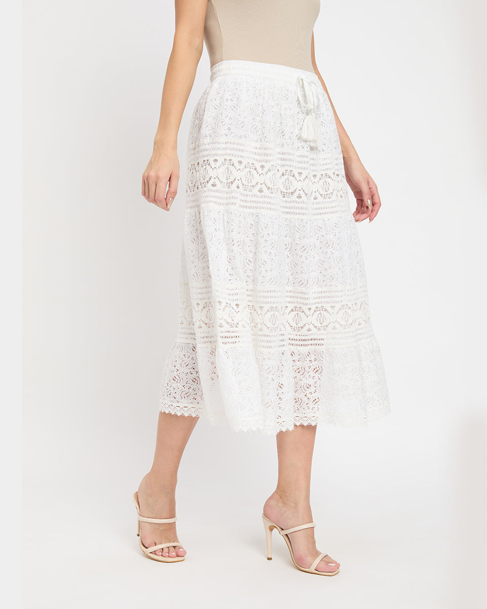 White Color Lace Midi Skirt For Women