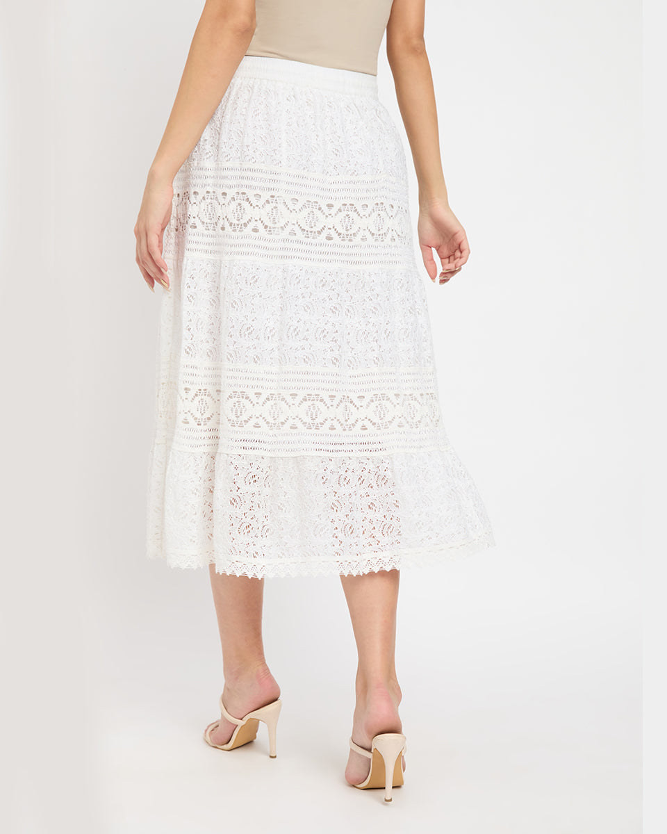 White Color Lace Midi Skirt For Women