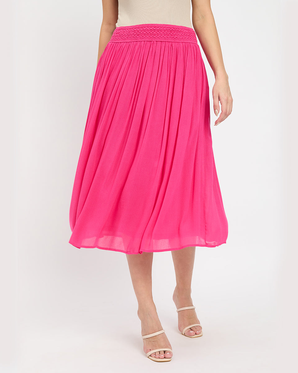 Enticing Fuchsia Rayon Gauze And Poly Knit Midi Skirt For Women