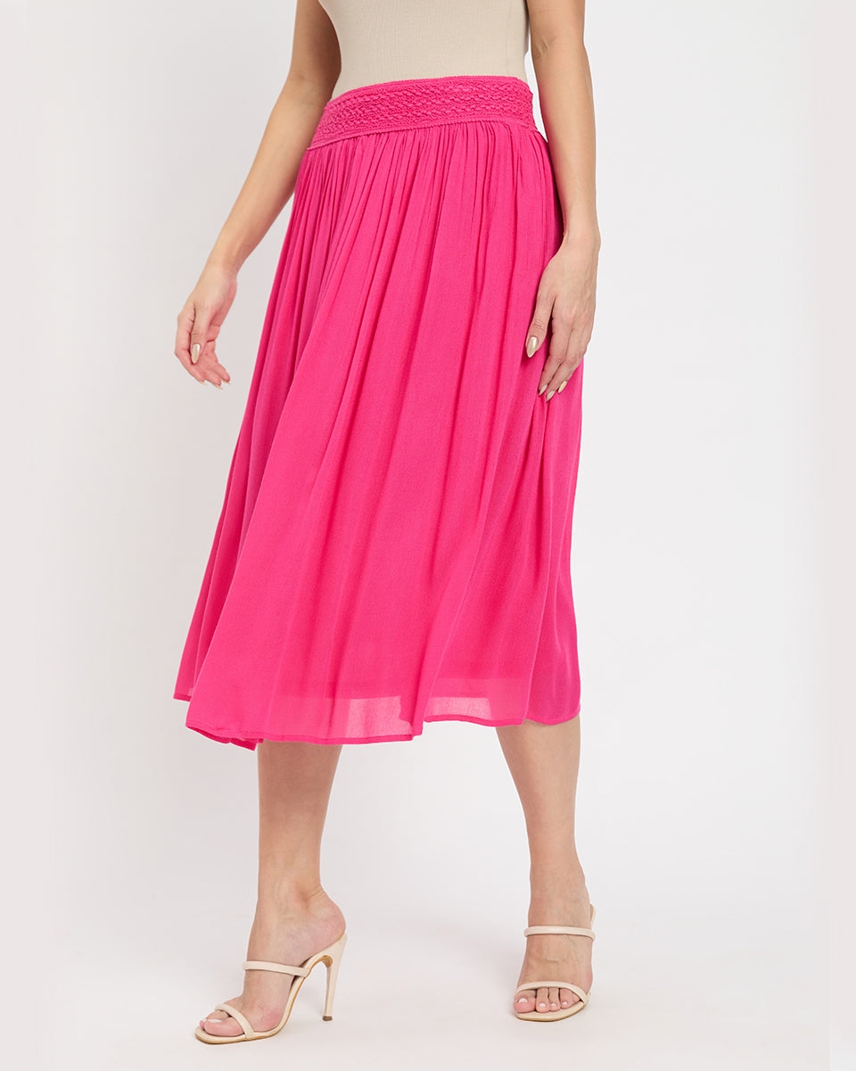 Enticing Fuchsia Rayon Gauze And Poly Knit Midi Skirt For Women