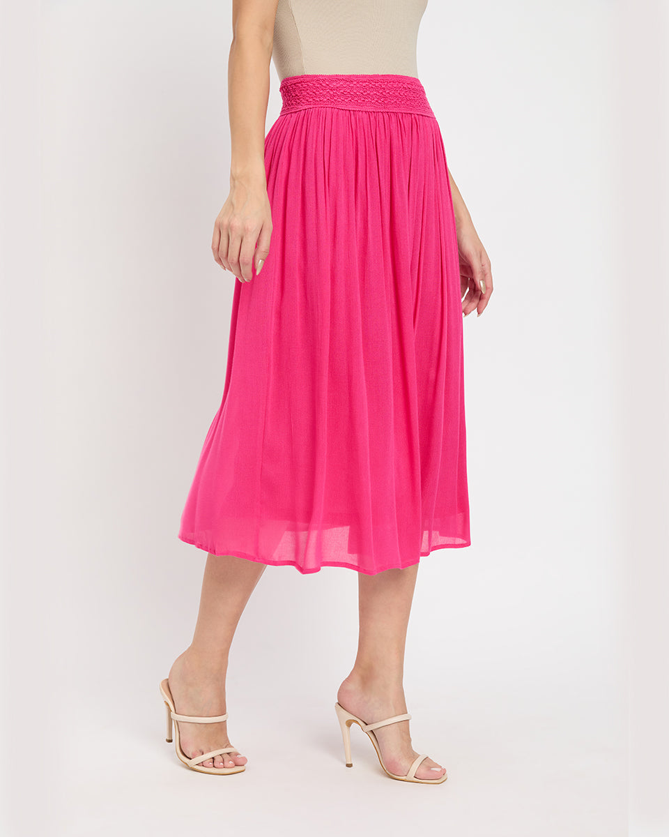 Enticing Fuchsia Rayon Gauze And Poly Knit Midi Skirt For Women