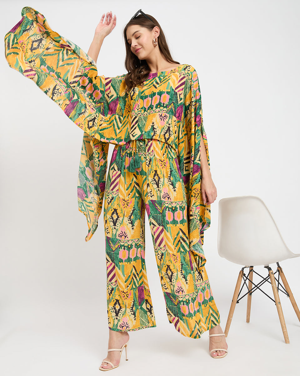 Yellow And Green Abstract Print Rayon Crepe Cord Set For Women