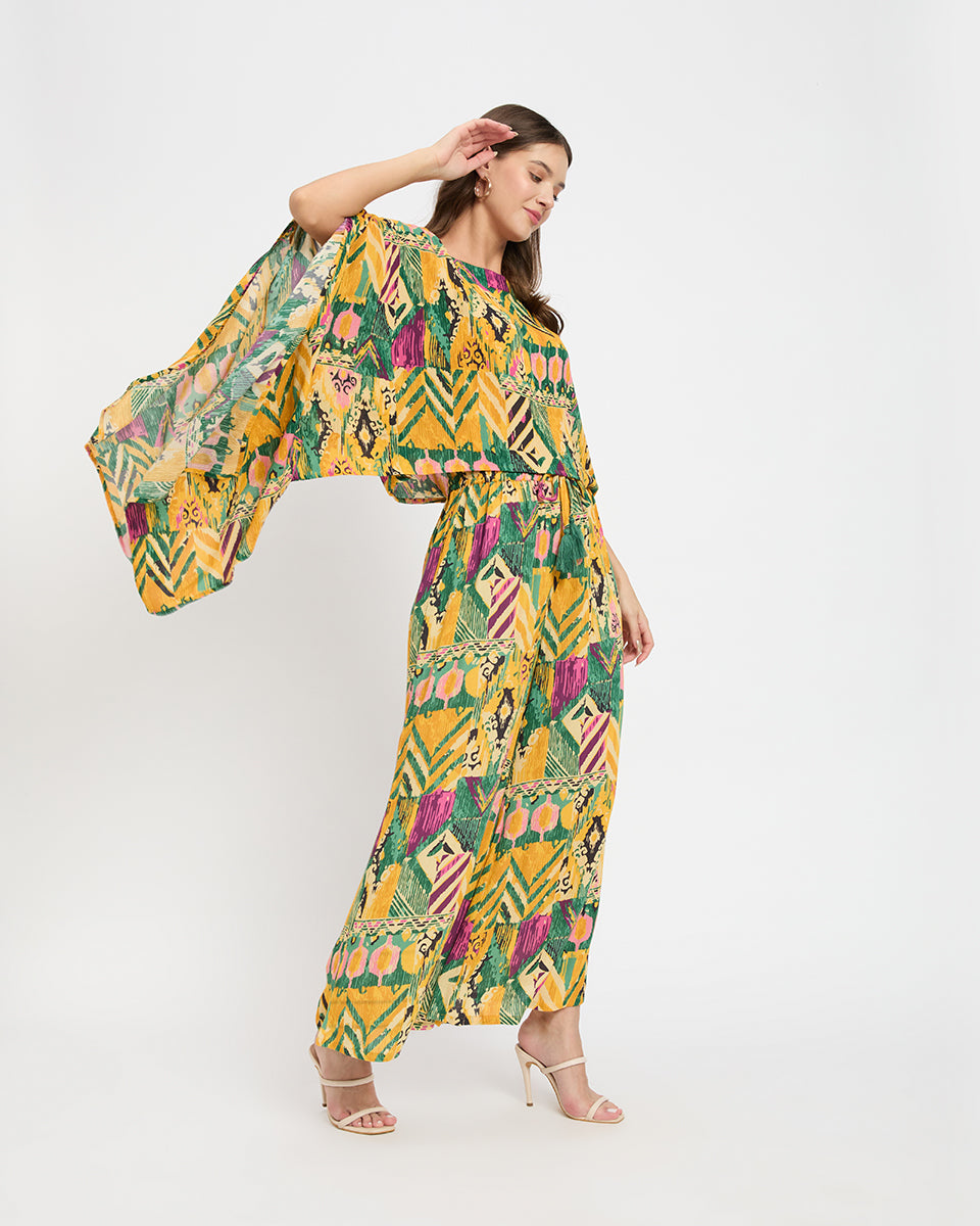 Yellow And Green Abstract Print Rayon Crepe Cord Set For Women