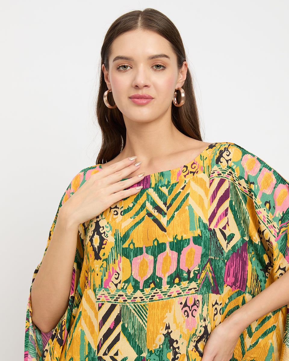 Yellow And Green Abstract Print Rayon Crepe Cord Set For Women