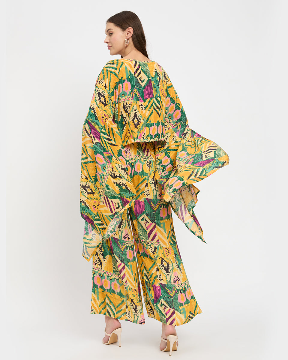 Yellow And Green Abstract Print Rayon Crepe Cord Set For Women