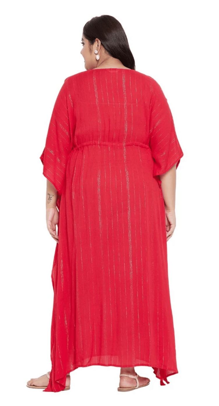 GypsieBlu Red Rayon Plus Size Lurex Kaftan Dress for Women Kimono Sleeve 1X-3X
