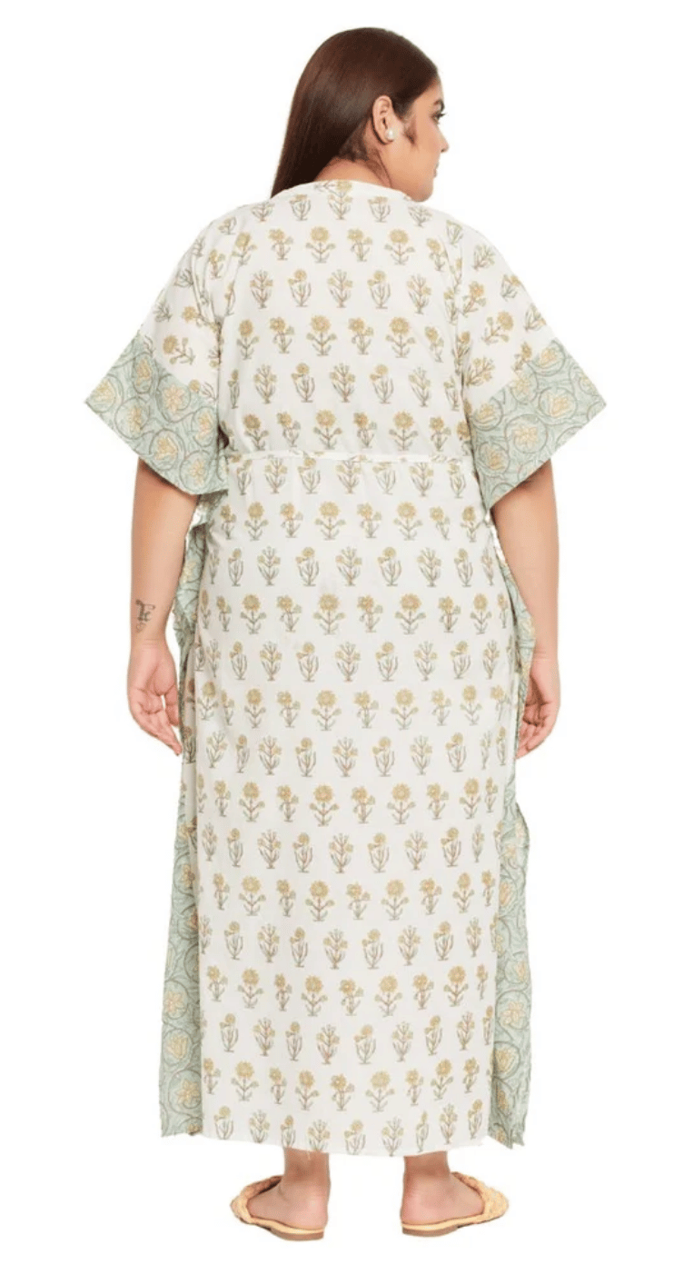 GypsieBlu White Floral Plus Size Cotton Kaftan Dress for Women 3/4 Sleeve 1X-3X