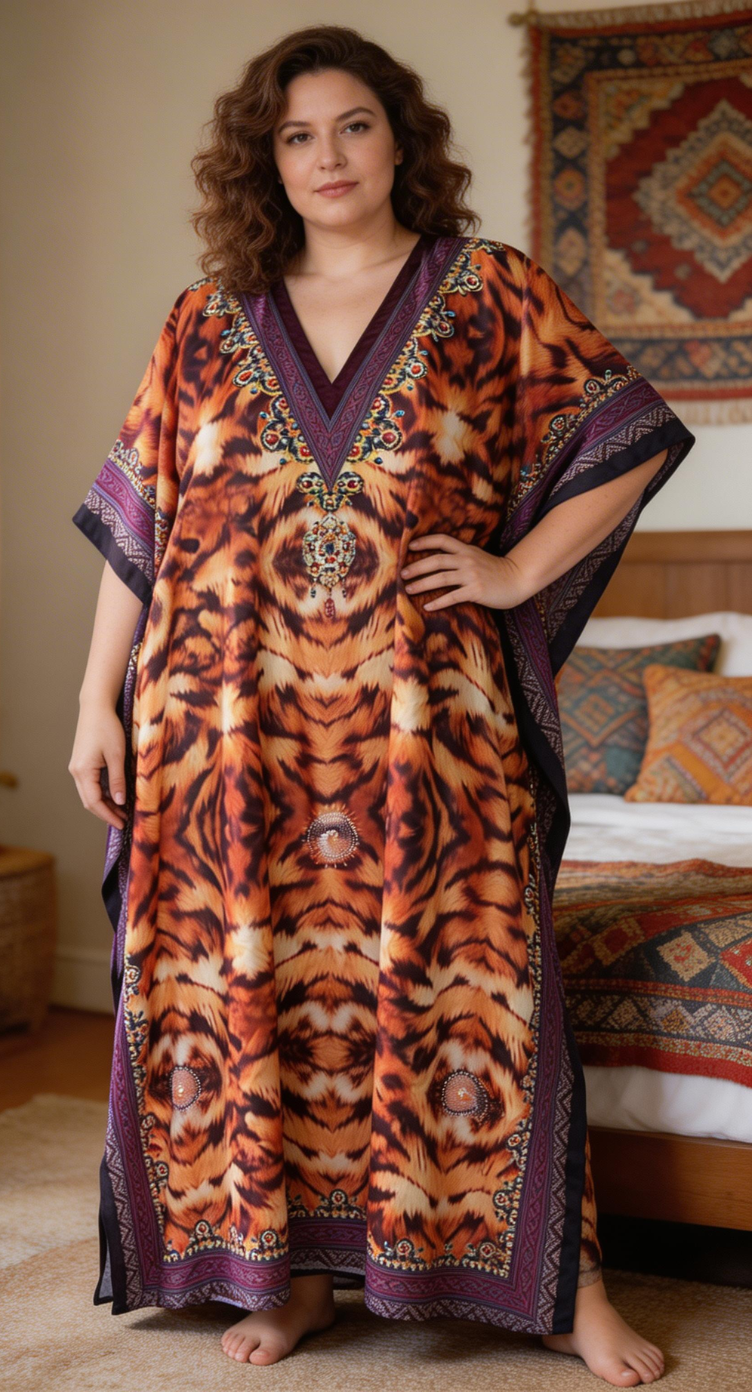 Orange Abstract Polyester Women Plus Size Kaftan Vacation Dress