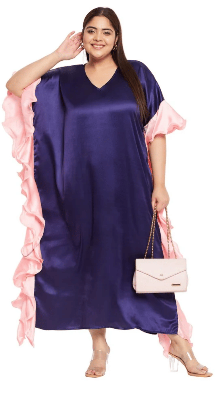 GypsieBlu Navy Blue Plus Size Satin Kaftan Dress for Women 3/4 Sleeve 1X-3X