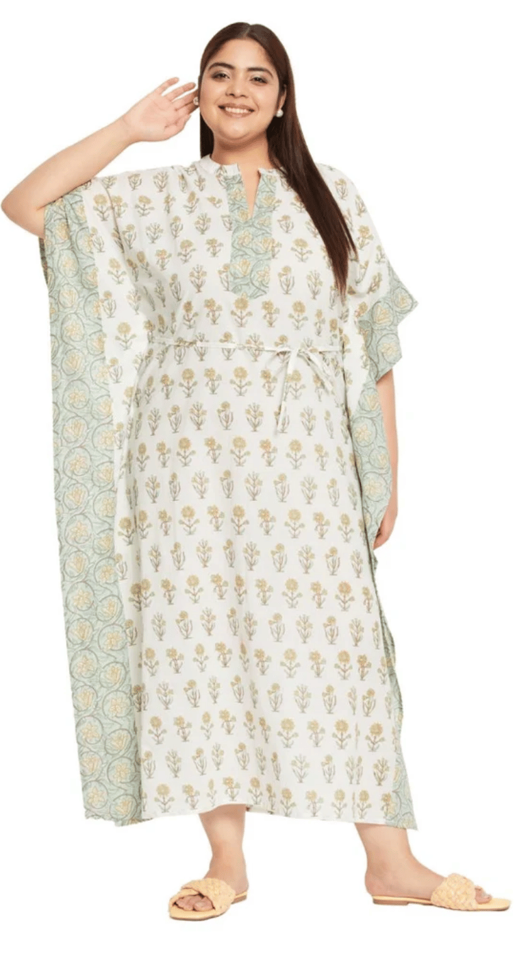 GypsieBlu White Floral Plus Size Cotton Kaftan Dress for Women 3/4 Sleeve 1X-3X