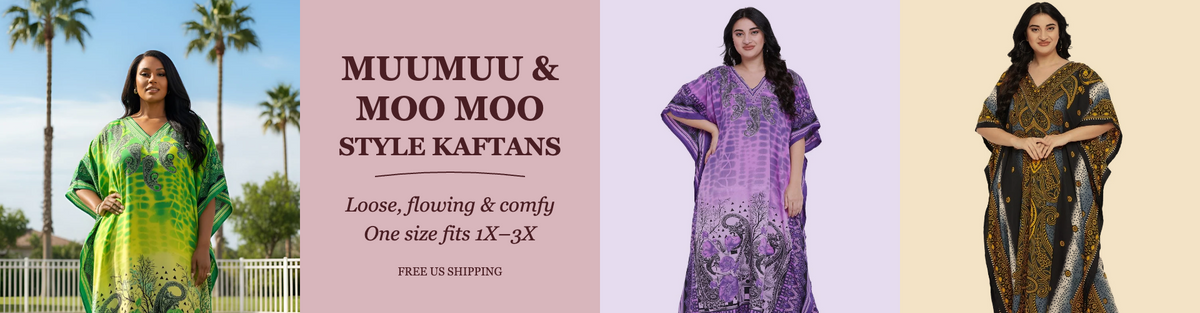 Muumuu and moo moo style plus size kaftans for women, one size fits 1X-3X
