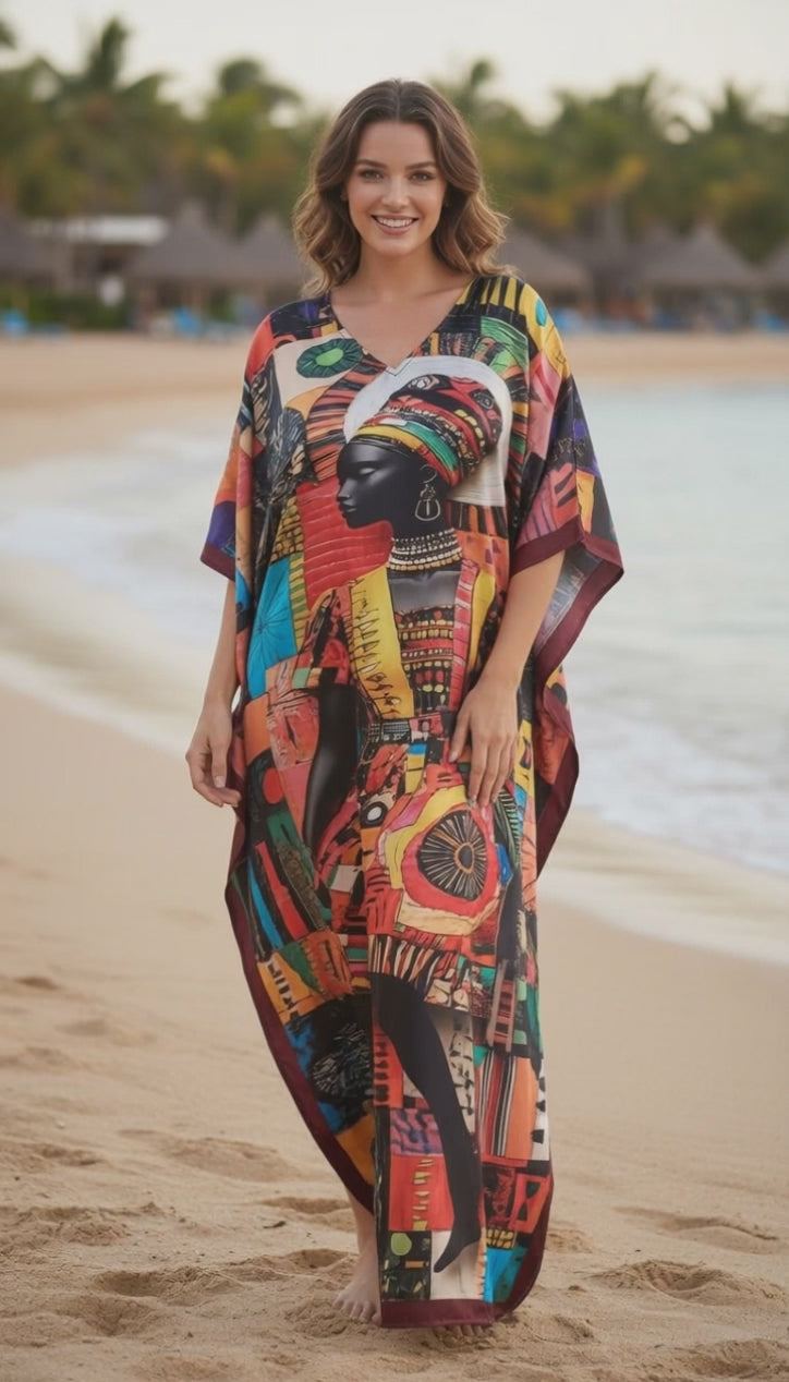 african beach dress Color Block V-Neck Women Maxi Dress To Floor Long Beach Robe African P –  Mega Mart Center main image 0