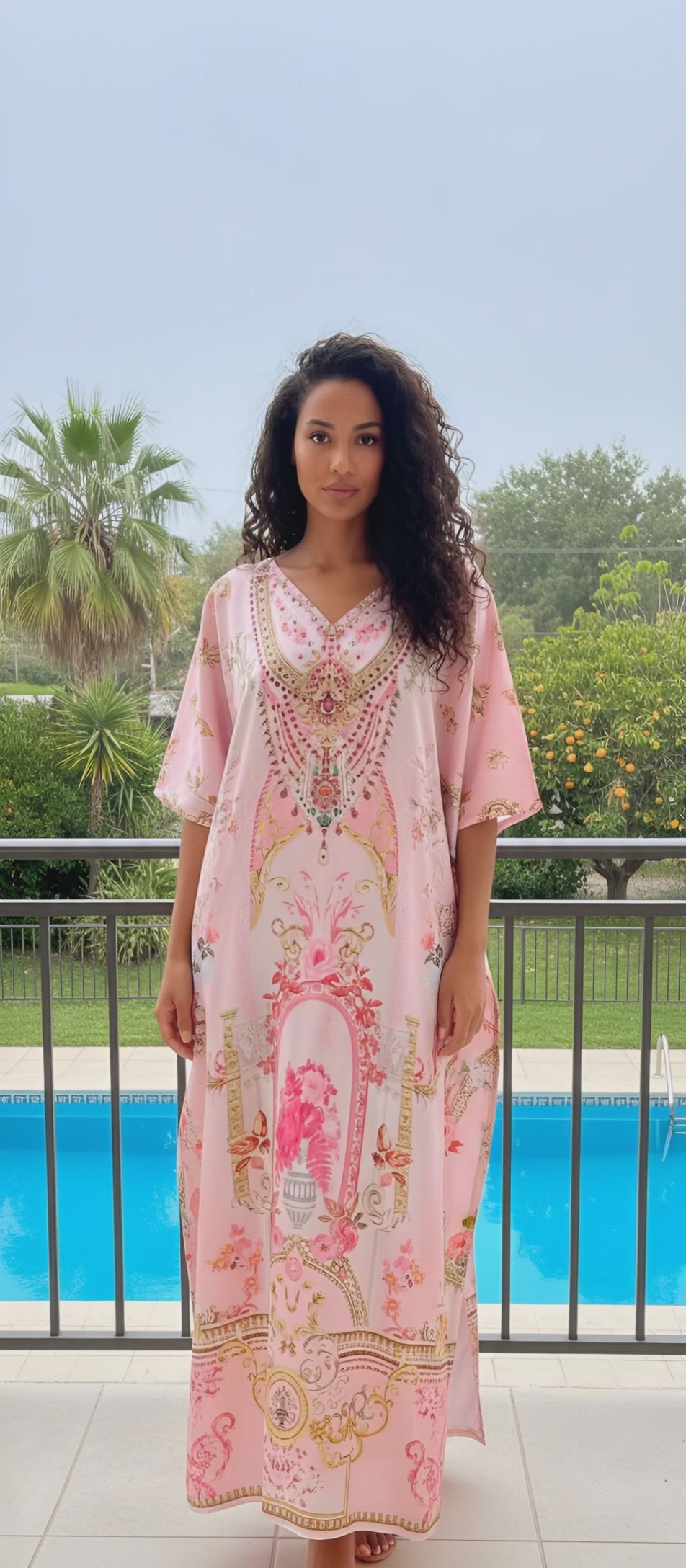 Pink satin plus size kaftan dress with ornate baroque print, embellished neckline and 3/4 sleeves — product video