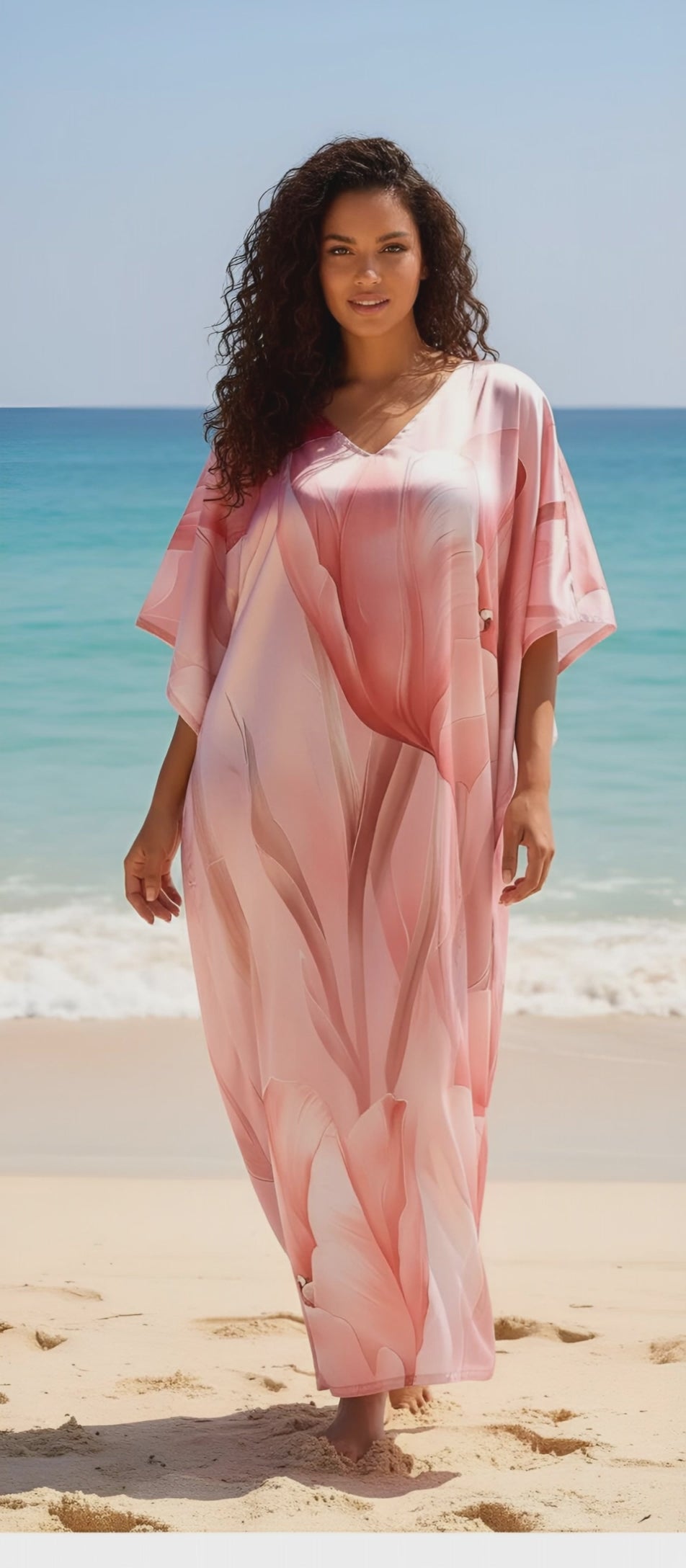 Baby pink satin plus size kaftan dress with coral tie-dye floral print and 3/4 kimono sleeves — product video