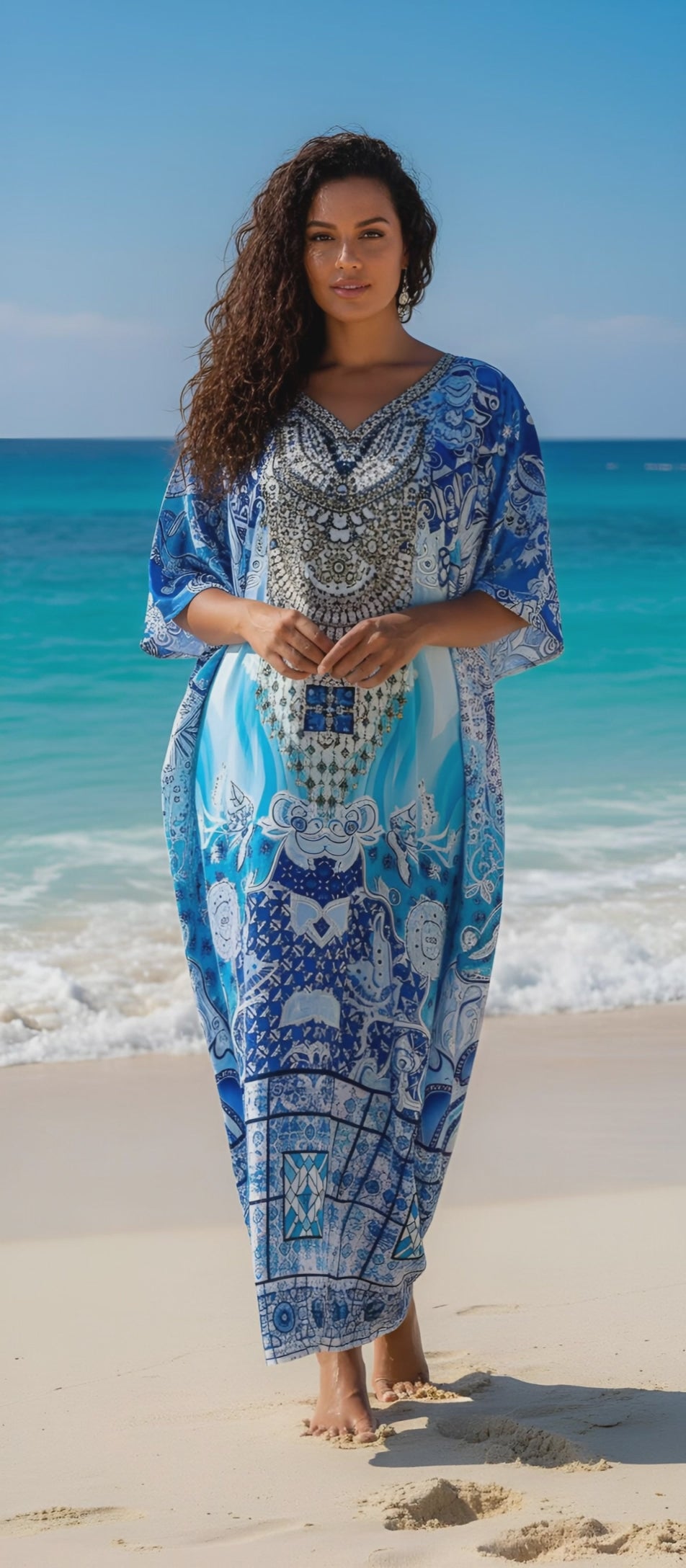 Azure blue satin plus size kaftan dress with blue and white porcelain print, embellished neckline and 3/4 sleeves — product video