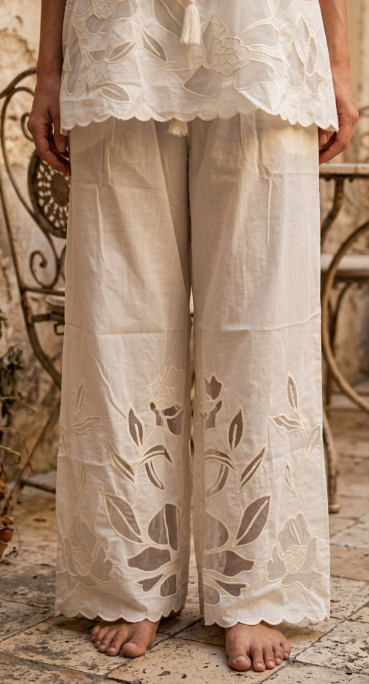 Women's Off White Cotton Cambric Floral Cutwork Embroidered Pants