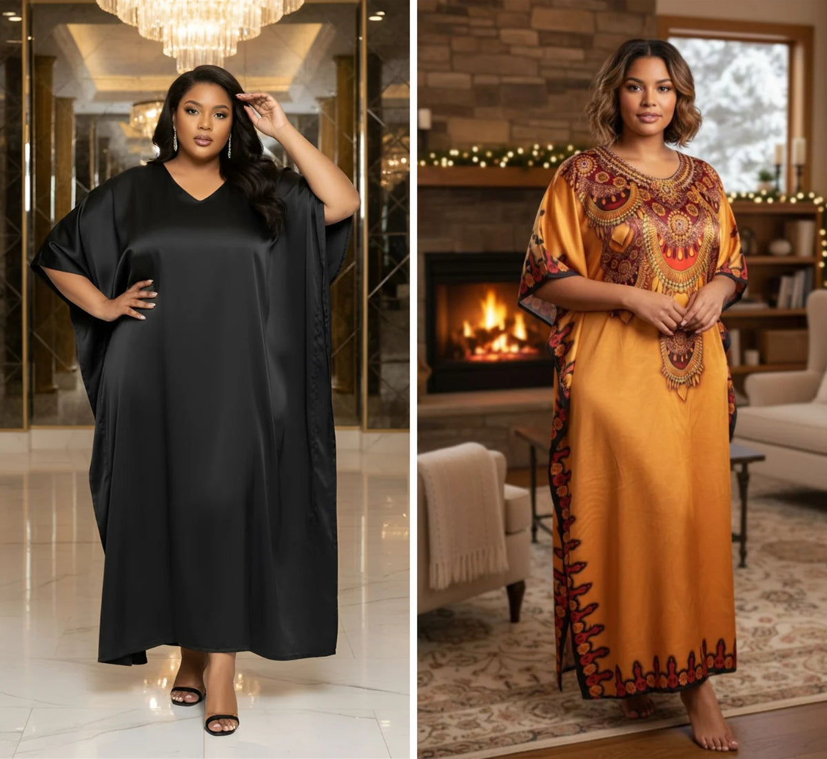 Black caftans for women plus size - Black Satin & Mustard Dashiki Satin Plus Size 2-Piece Kaftan Set for Women 1X-3X - both kaftans side by side - Gypsie Blu