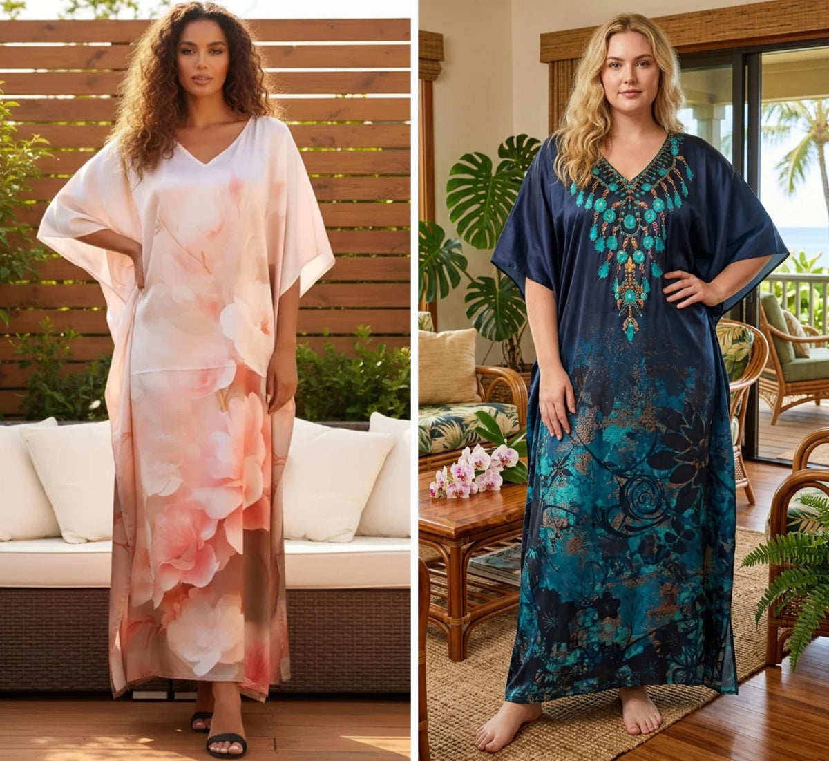 Peach Watercolor & Navy Blue Floral Satin Plus Size 2-Piece Kaftan Set for Women 1X-3X - both kaftans side by side - Gypsie Blu