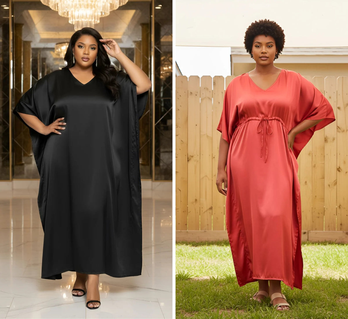 Red caftan - Black & Red Solid Satin Plus Size 2-Piece Kaftan Set - both kaftans side by side - Gypsie Blu