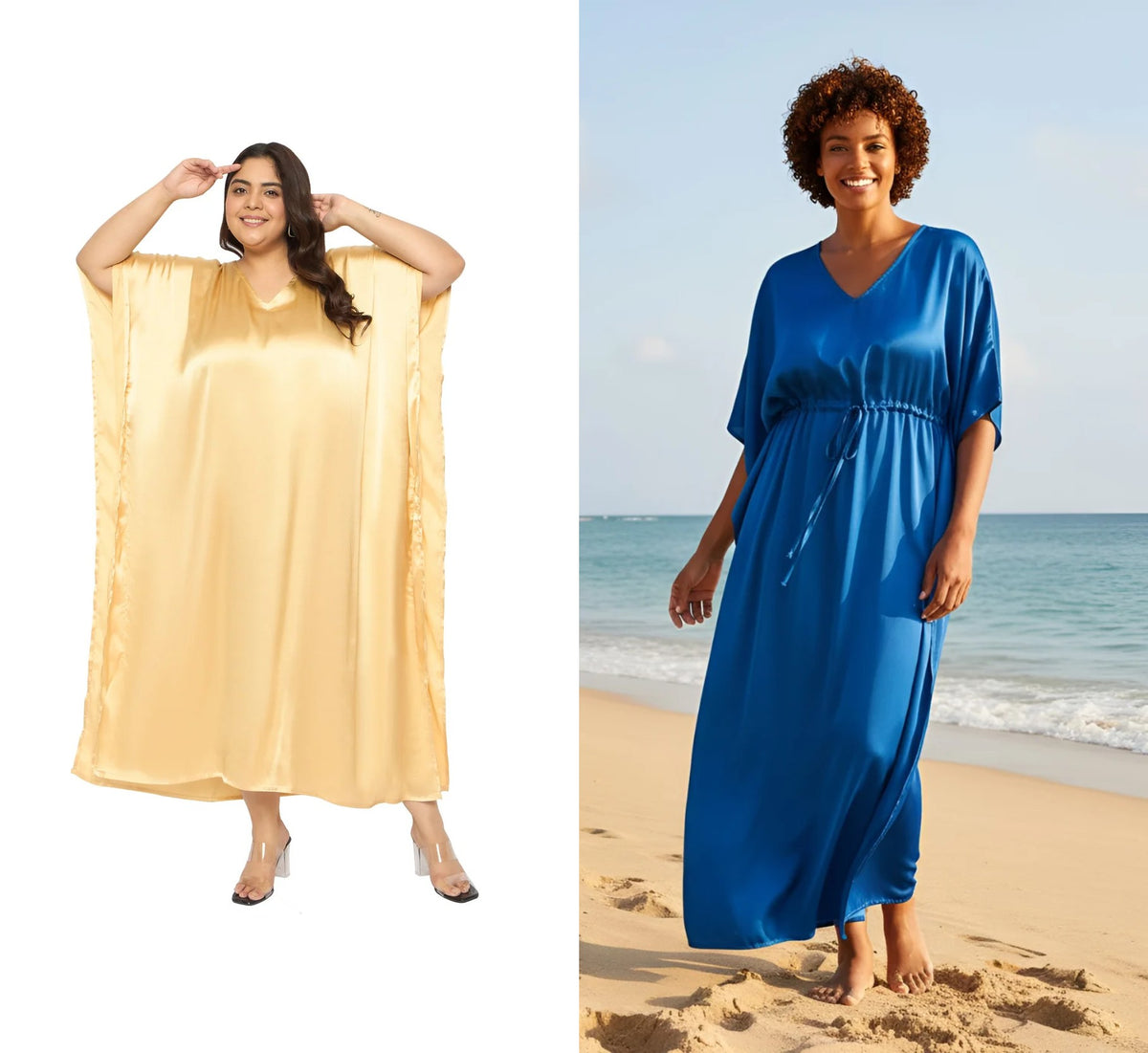 Satin caftan - Ivory & Navy Solid Satin Plus Size 2-Piece Kaftan Set for Women 1X-3X - both kaftans side by side - Gypsie Blu