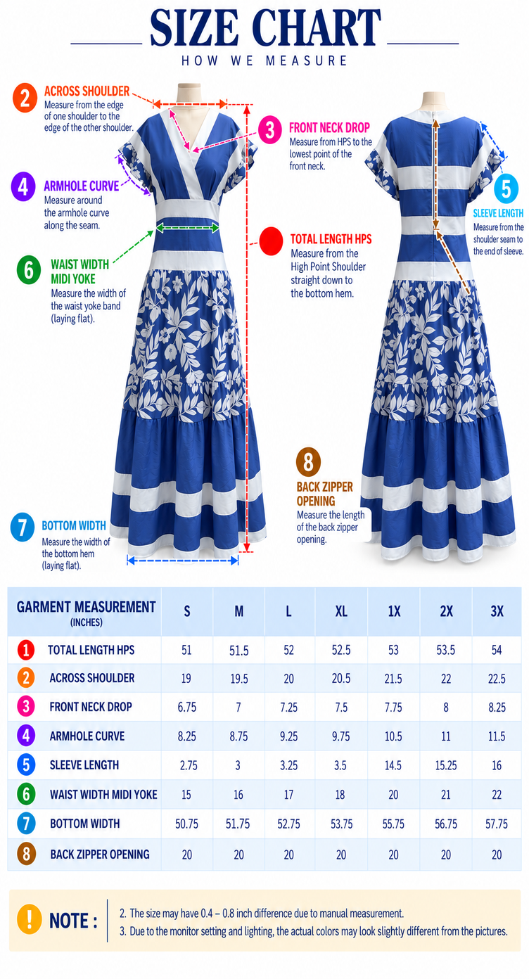 GypsieBlu size chart for Blue Floral Cotton Midi Dress