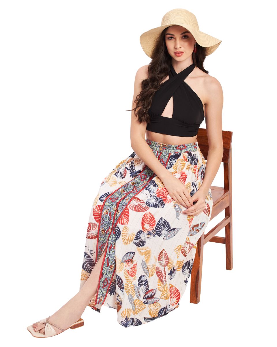 Leaf Printed White And Rust Rayon Crepe Skirt For Women