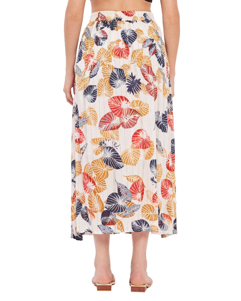 Leaf Printed White And Rust Rayon Crepe Skirt For Women