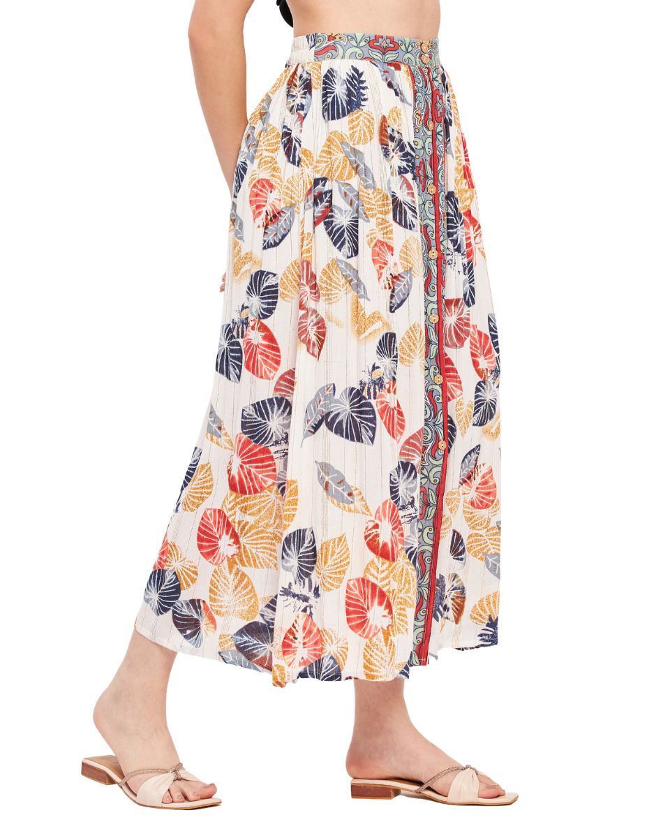 Leaf Printed White And Rust Rayon Crepe Skirt For Women