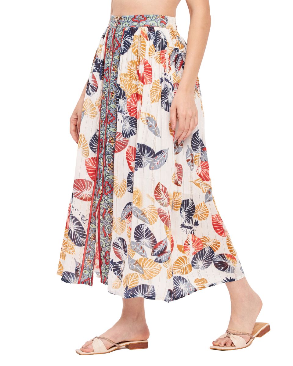 Leaf Printed White And Rust Rayon Crepe Skirt For Women