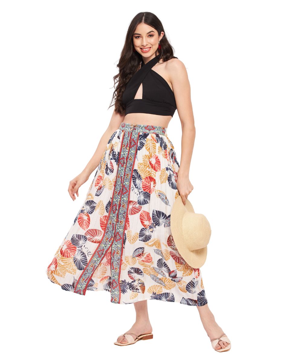 Leaf Printed White and Rust Rayon Crepe Skirt for Women