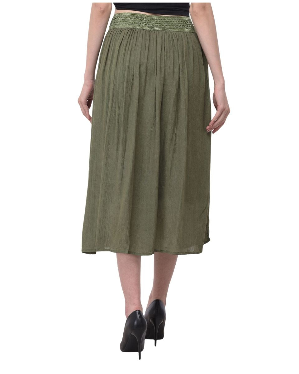 Pleated Olive Rayon Skirt For Women