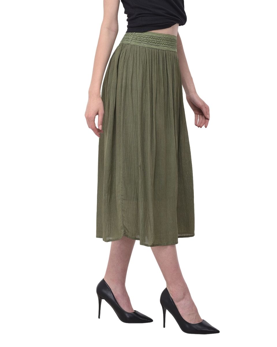 Pleated Olive Rayon Skirt For Women