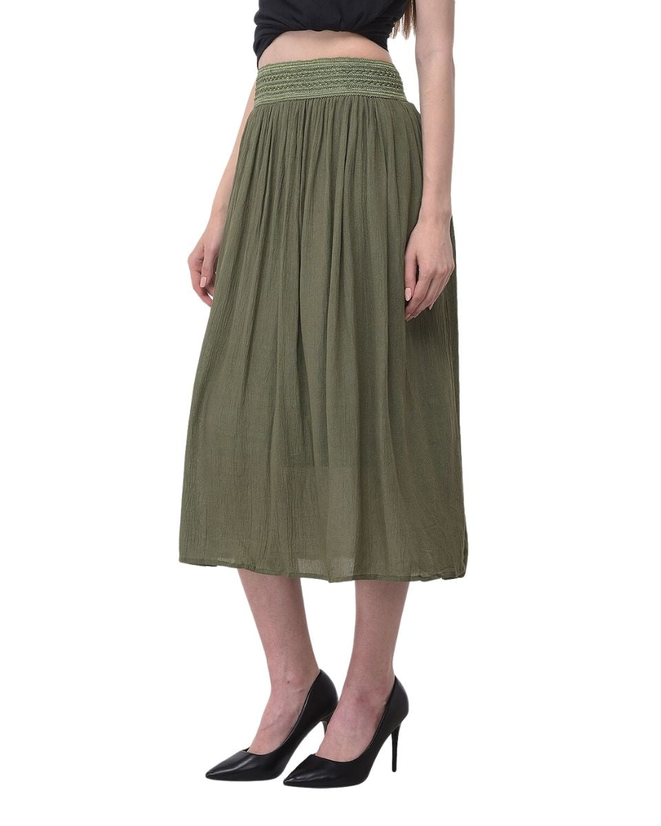 Pleated Olive Rayon Skirt For Women